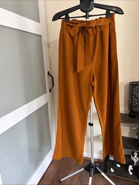 High-Waist Paperbag Tie Front Wide Leg Pants - Rust